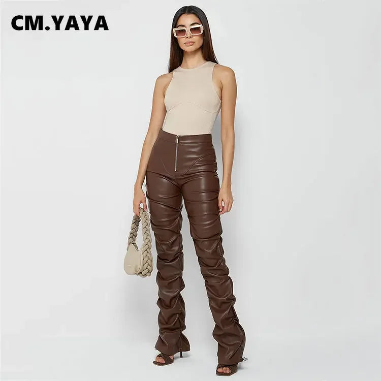 Pleated Faux Leather Skinny Pants for Women