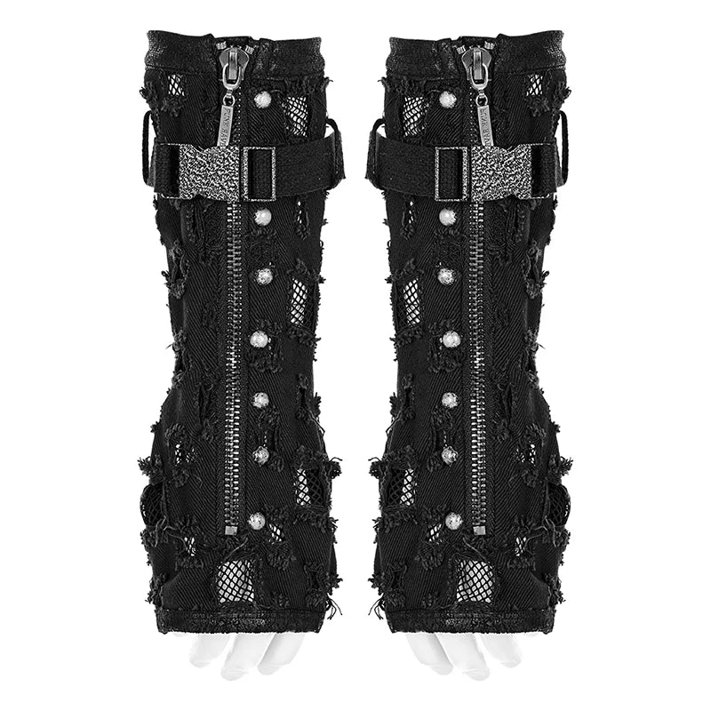 Punk Twill Holes Denim & Gauze Fingerless Gloves