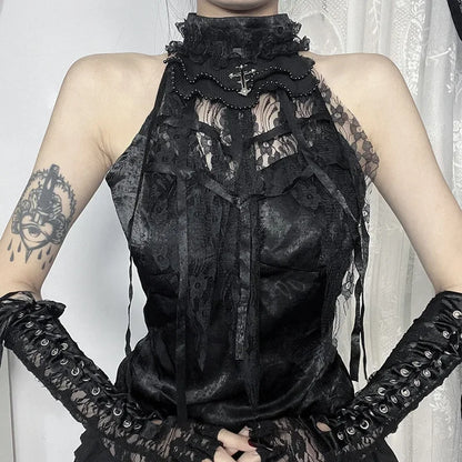 Nostalgic Lace Gothic Crop Tank for Retro Street Style