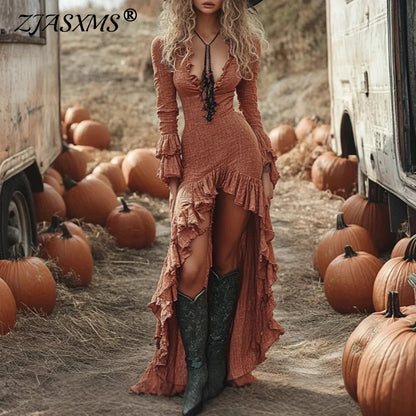 Boho V-Neck Ruffle Maxi Dress for Effortless Style