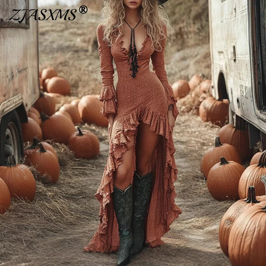 Boho V-Neck Ruffle Maxi Dress for Effortless Style