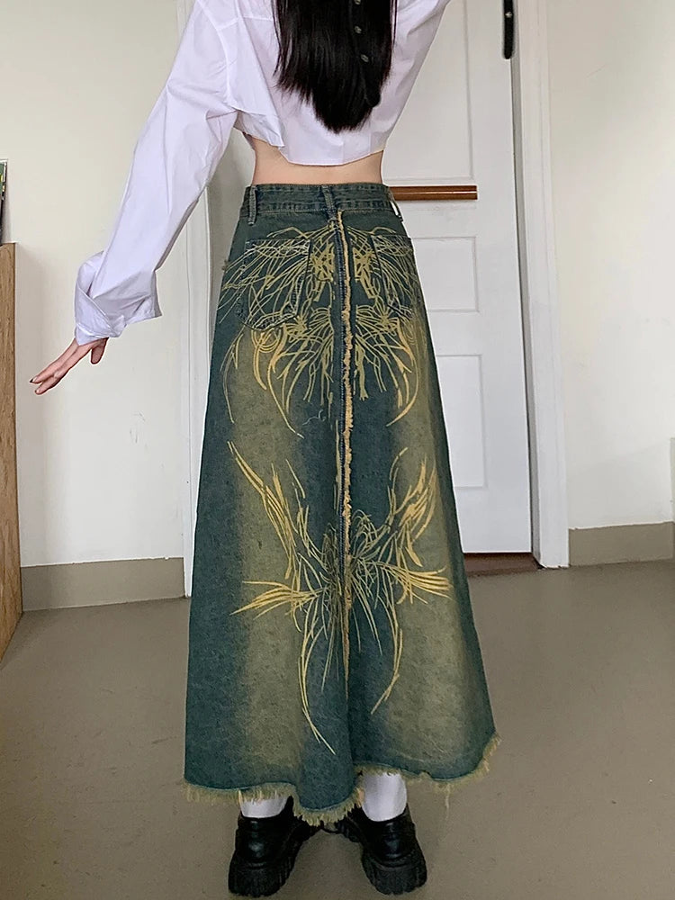 Ripped Tie-Dye A-Line Denim Skirt for Women
