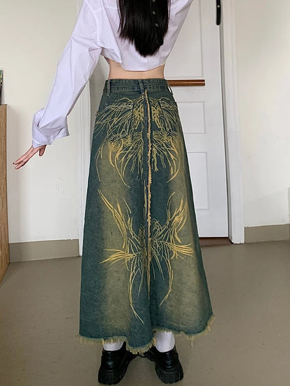 Ripped Tie-Dye A-Line Denim Skirt for Women