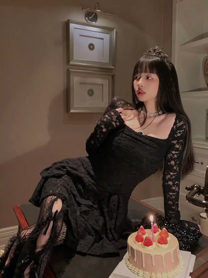 Lace-Inspired Slim-Waist Y2K Tunic Dress