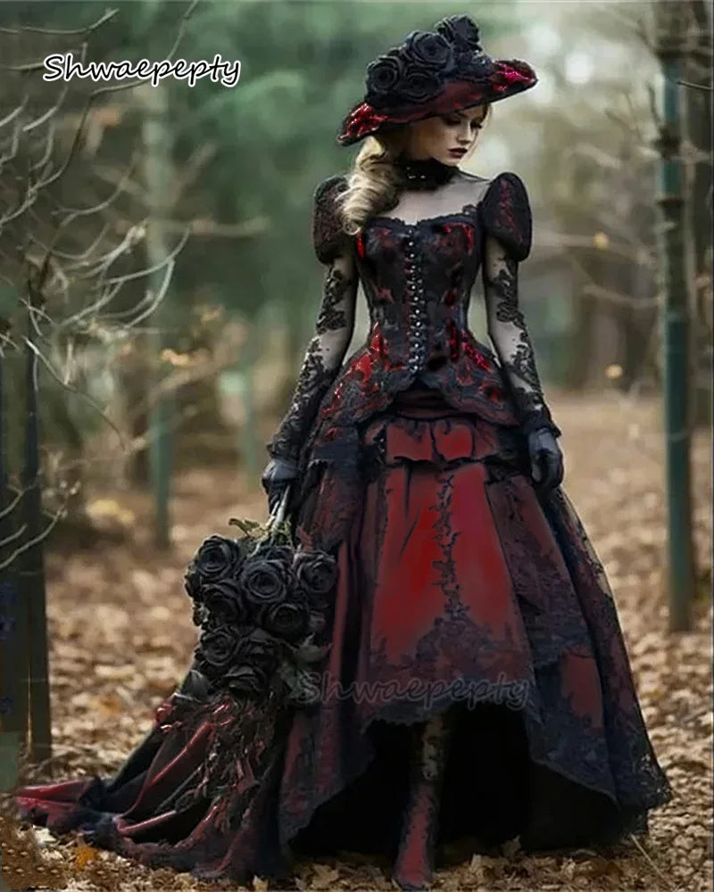 Crimson Lace Gothic Bride Gown with Trailing Hem