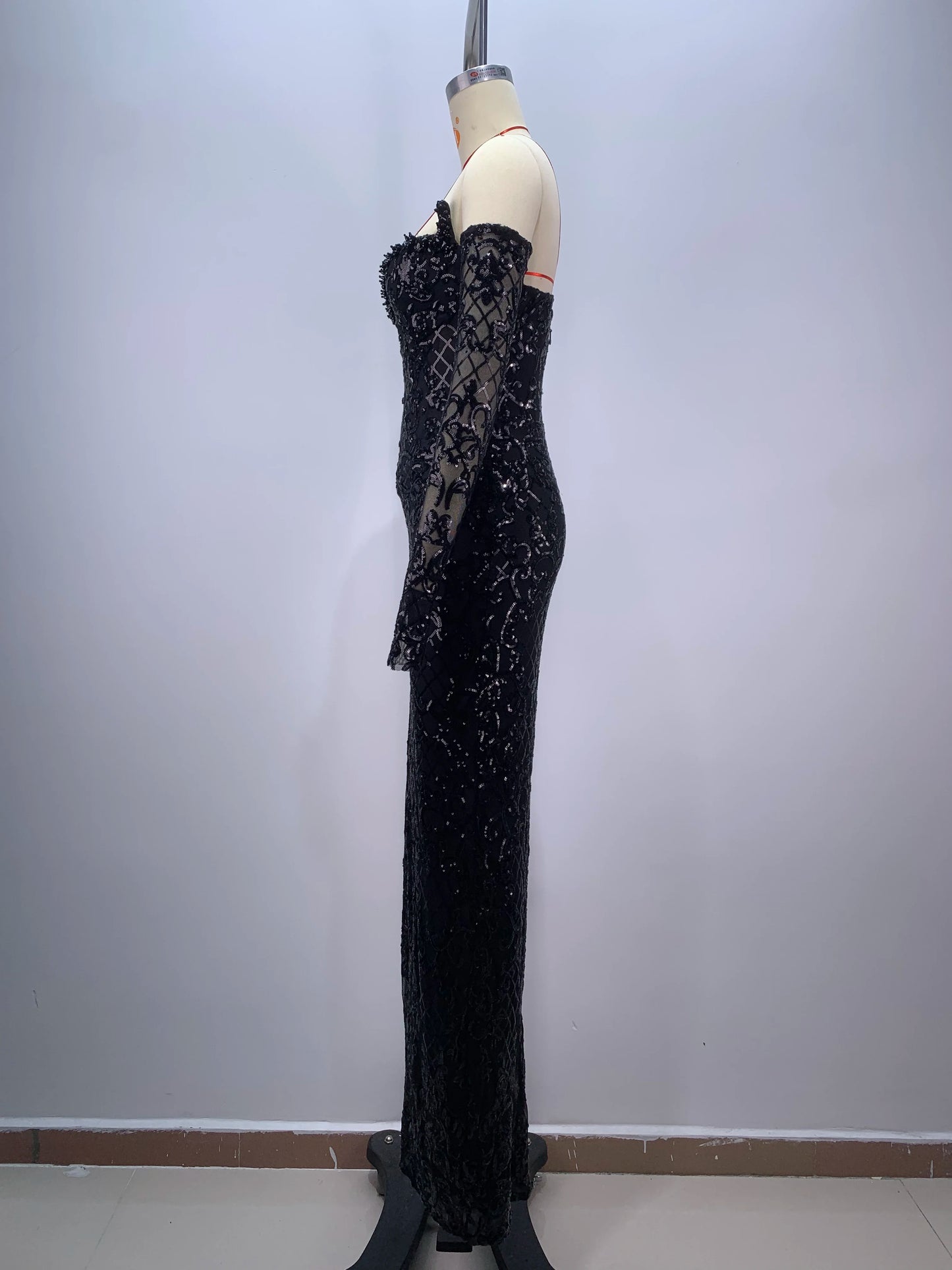 Elegant Black V-Neck Maxi Dress with Gloves & Sequins