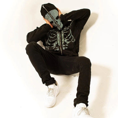 Rhinestone Full Zip Hoodie Skeleton Goth Sweatshirt