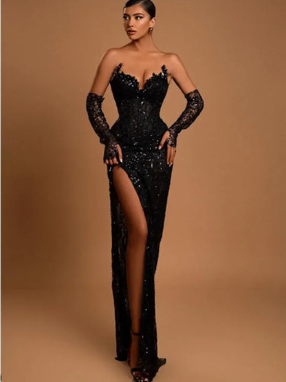 Elegant Black V-Neck Maxi Dress with Gloves & Sequins