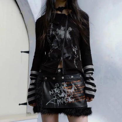 Grunge Graffiti Print Zipper T-shirt Vintage