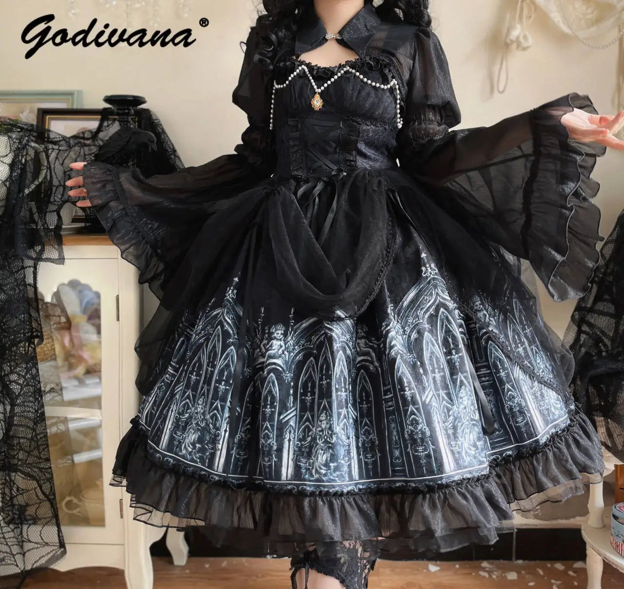 Flare Sleeve JSK Dress with Cape by Godivana