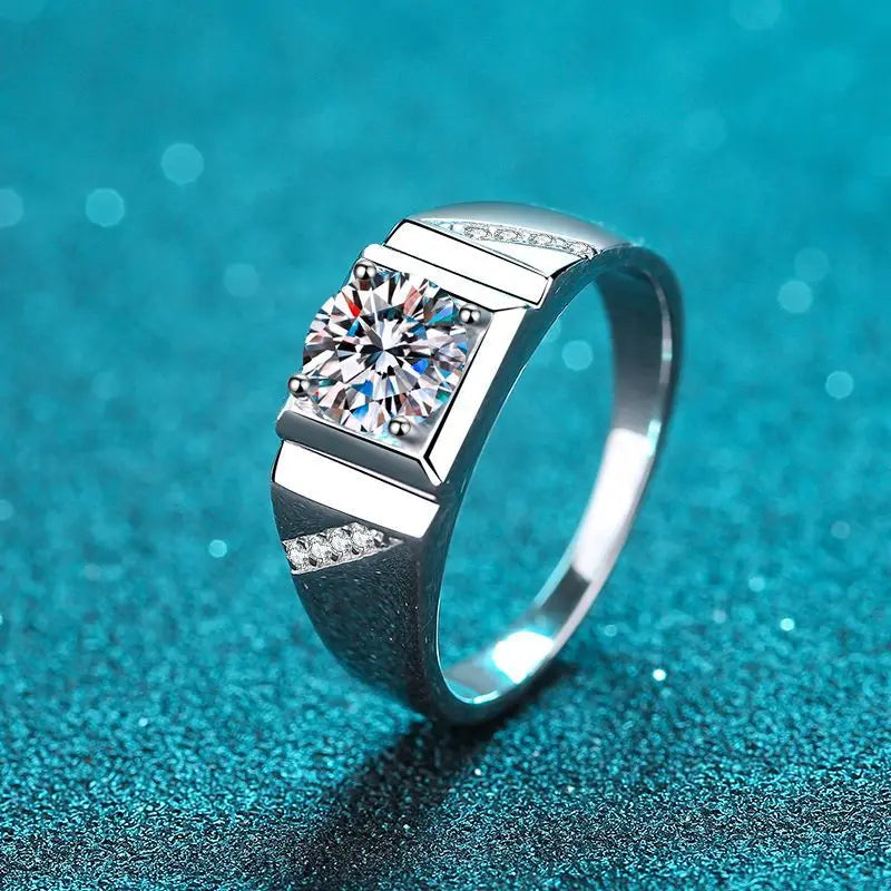 Elegance in Moissanite: Men's Silver Wedding Band