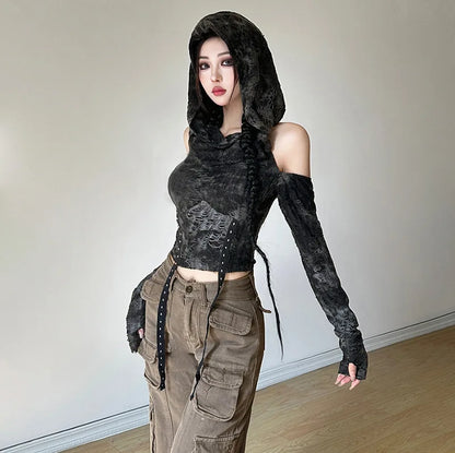 Gothic Hooded Short Sleeve Top for All Seasons