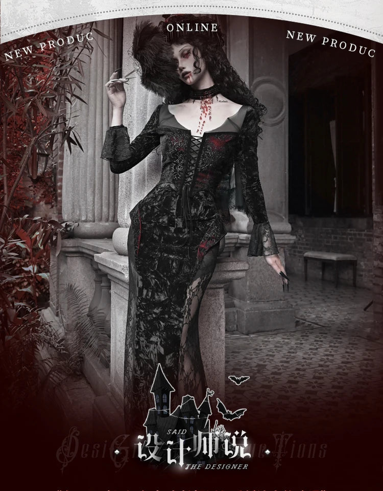 Gothic Velvet Slim Fit Lace Fishtail Dress for Women