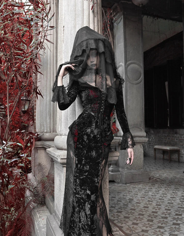Gothic Velvet Slim Fit Lace Fishtail Dress for Women