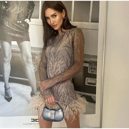 Product Name: Luxe Feather Sequin Mini Dress