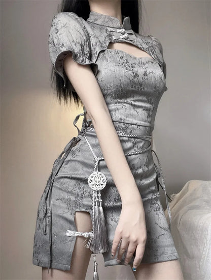 Elegant Tie-Dye Cheongsam Mini Dress