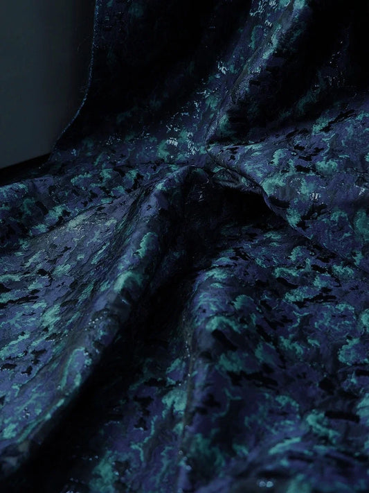 Navy Aqua Floral Jacquard Fabric for Dressmaking