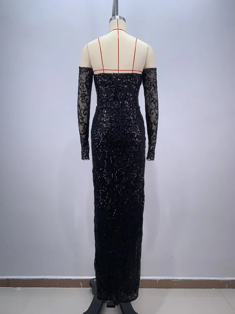 Elegant Black V-Neck Maxi Dress with Gloves & Sequins