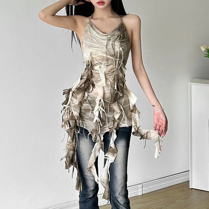 Retro Gradient Summer Halter Dress with Tassels