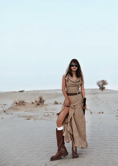Desert Chic: 2-Piece Hooded Dress & Oversleeves Set