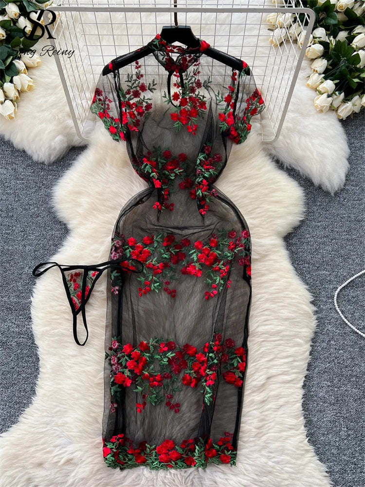 Floral Elegance: Chinese Style Mid-Calf Dress