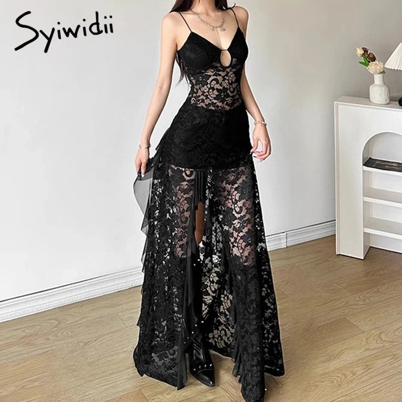 Luxe Lace V-Neck Ruffle Evening Dress