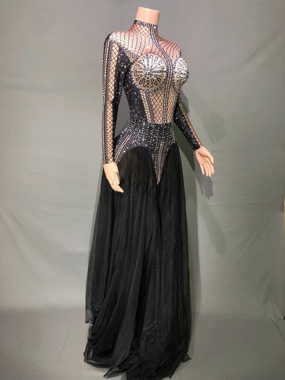 Sparkly Rhinestones Black Mesh Long Dress
