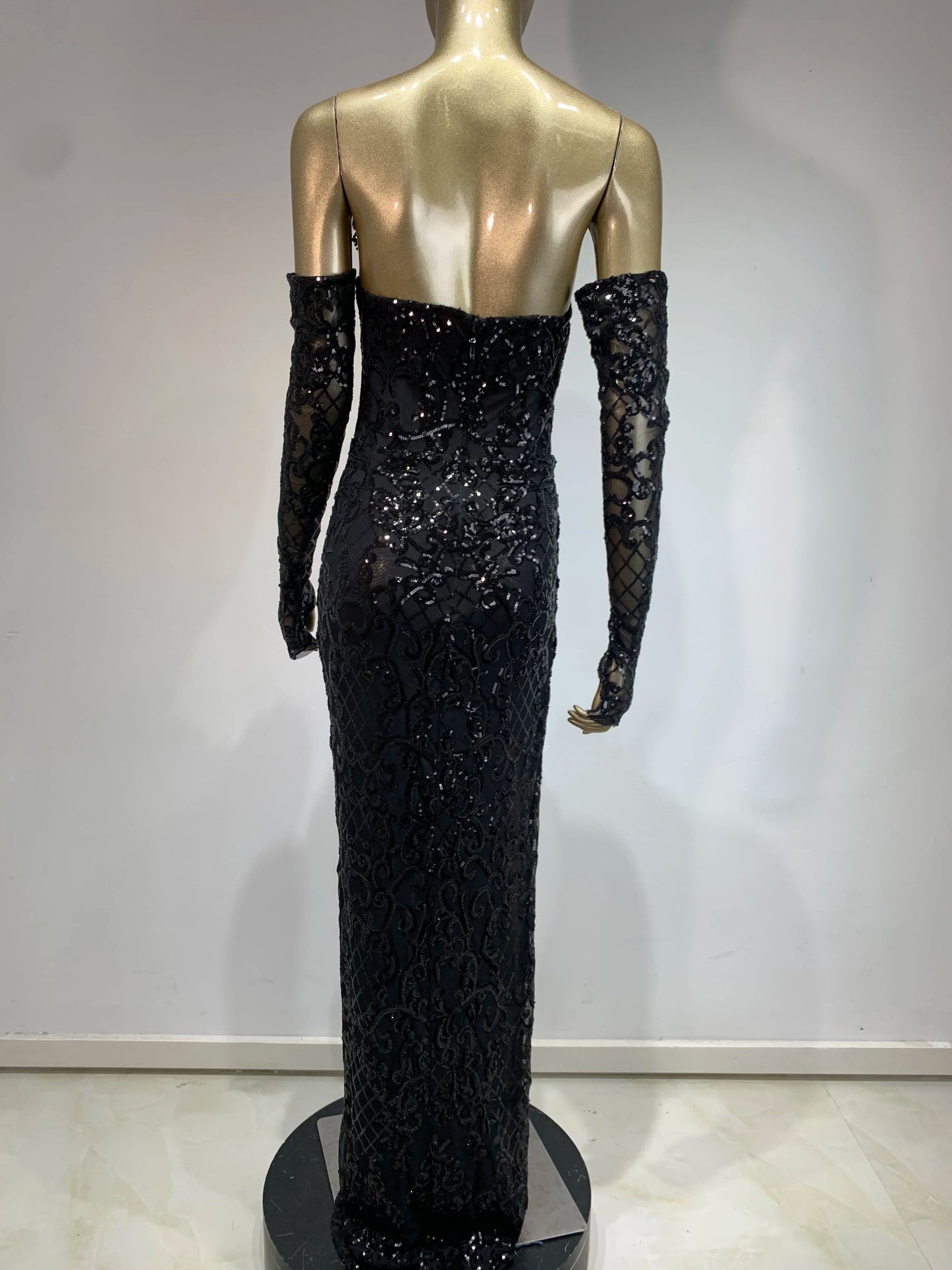 Elegant Black V-Neck Maxi Dress with Gloves & Sequins