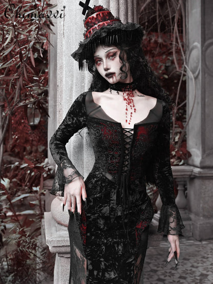 Gothic Velvet Slim Fit Lace Fishtail Dress for Women