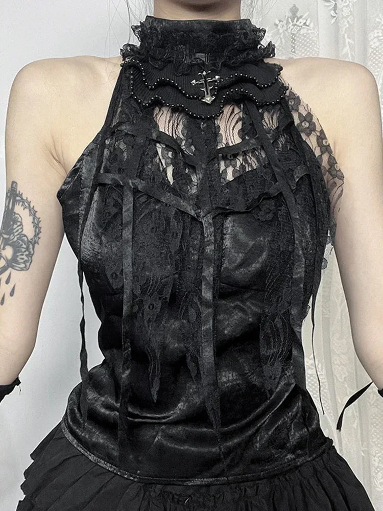 Nostalgic Lace Gothic Crop Tank for Retro Street Style