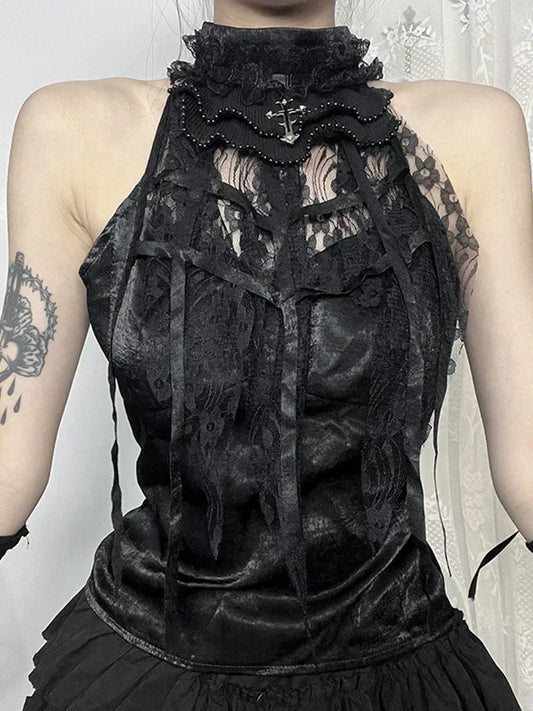 Nostalgic Lace Gothic Crop Tank for Retro Street Style