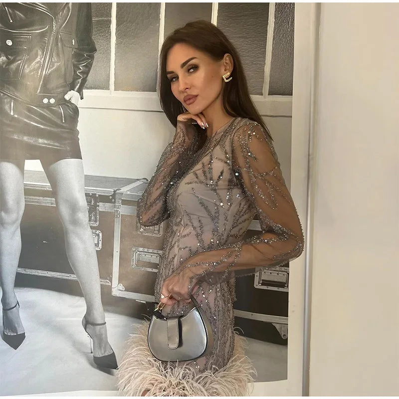Product Name: Luxe Feather Sequin Mini Dress
