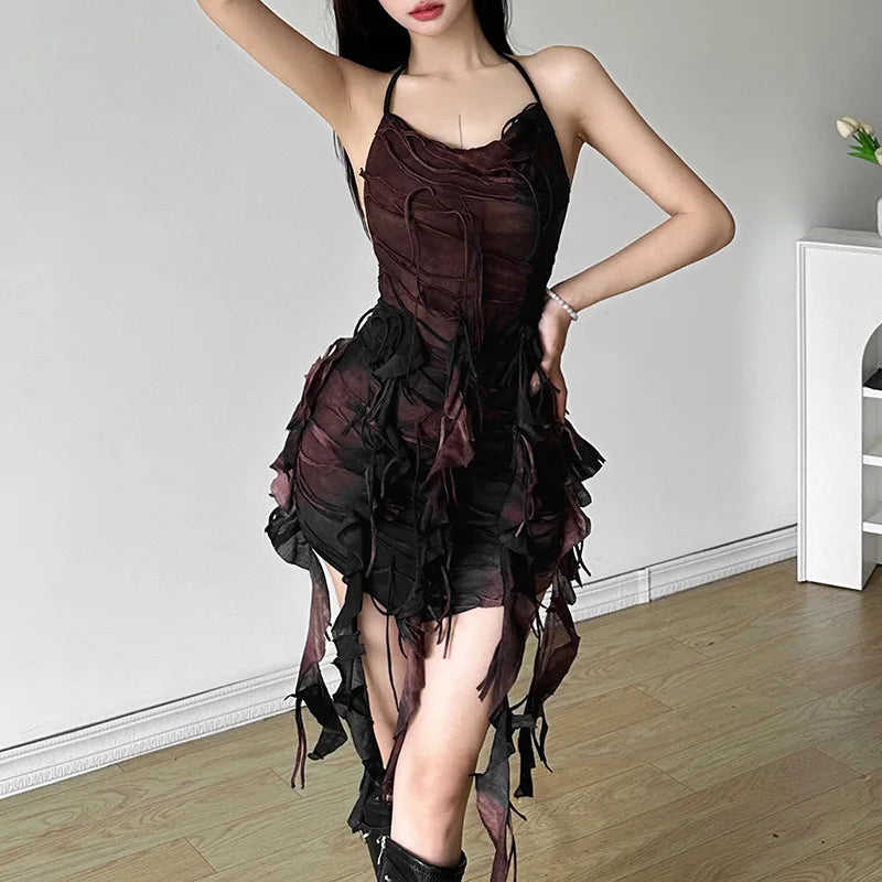 Retro Gradient Summer Halter Dress with Tassels