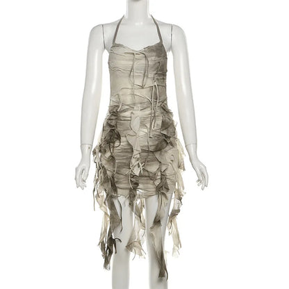 Retro Gradient Summer Halter Dress with Tassels