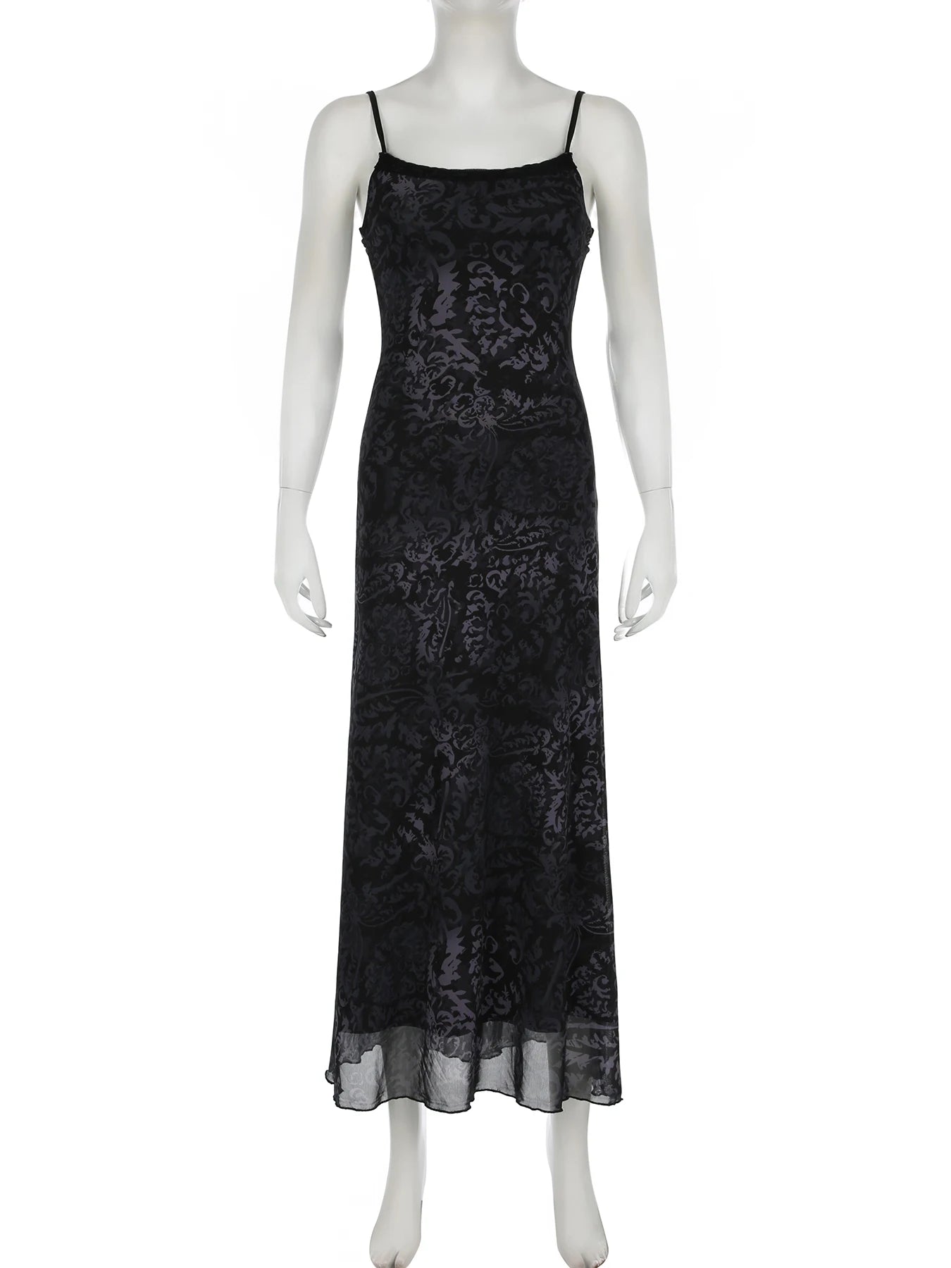 Dark Printed Lace Trim Mesh Dress