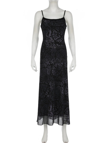Dark Printed Lace Trim Mesh Dress
