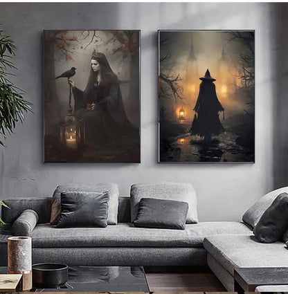 Spooky Retro Wall Art: Witch & Crow Canvas