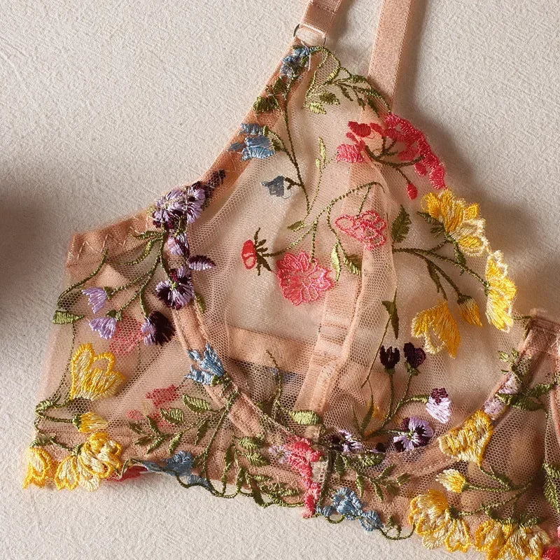 Boho Floral Sheer Lingerie Set: Bra & Panty Duo
