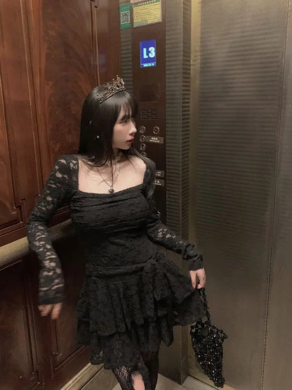Lace-Inspired Slim-Waist Y2K Tunic Dress