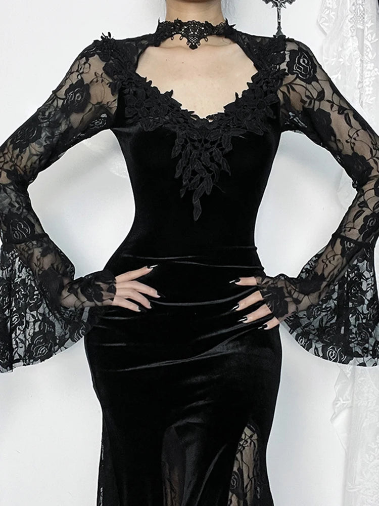 Vintage Lace Flare Gothic Midi Dress for Women
