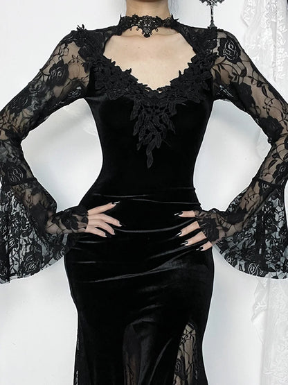 Vintage Lace Flare Gothic Midi Dress for Women