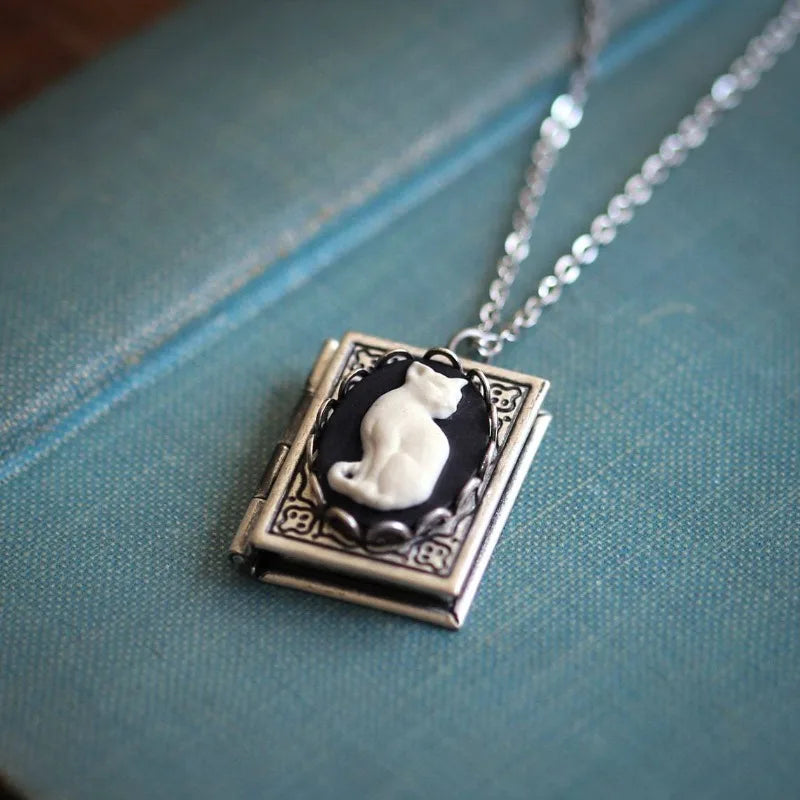 Gothic Grimoire Cat Cameo Pendant Necklace for Women