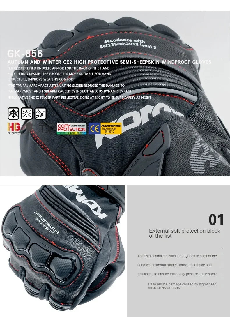 KOMINE GK-856 Windproof Sheepskin Moto Gloves