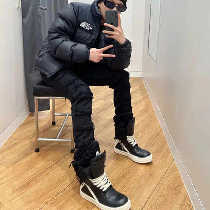 black erosion damaged rough high street jeans