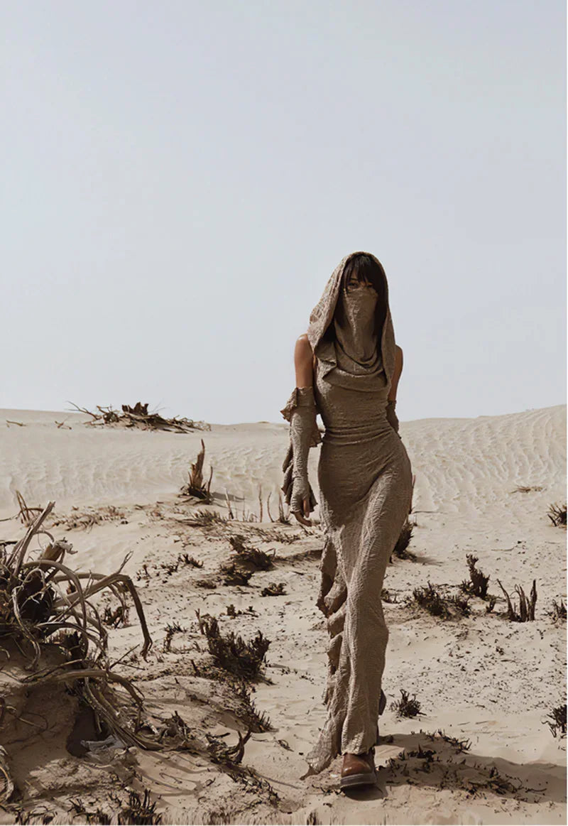 Desert Chic: 2-Piece Hooded Dress & Oversleeves Set