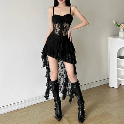 Waist Ruffled Split Black Dress