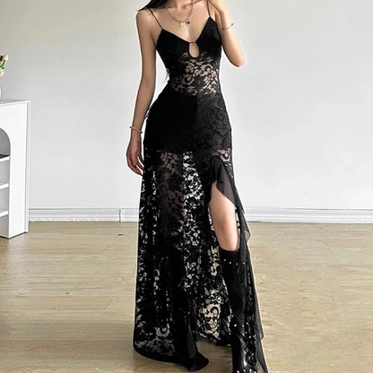 Luxe Lace V-Neck Ruffle Evening Dress