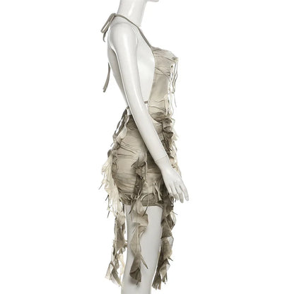 Retro Gradient Summer Halter Dress with Tassels