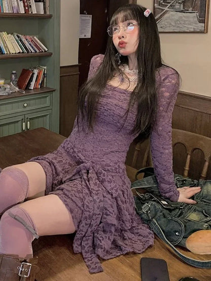 Lace-Inspired Slim-Waist Y2K Tunic Dress