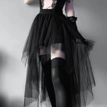 Gothic Mesh High-Waisted Asymmetrical Skirt